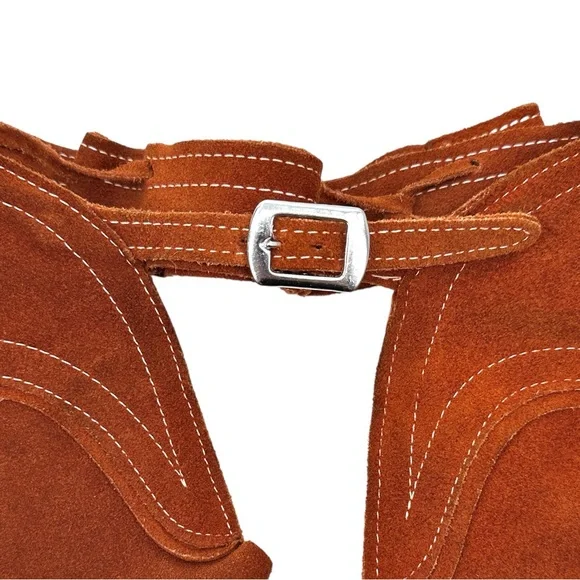TALON ZIPPER RARE Pre 1960s Vintage Brown Distressed Suede Fringe Trim Chaps - Picture 7 of 12